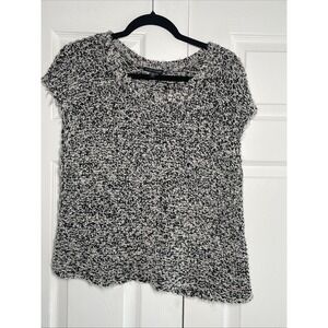 Eileen Fisher Crossover Back Knit Top Womens Size M Black White Boucle Cotton